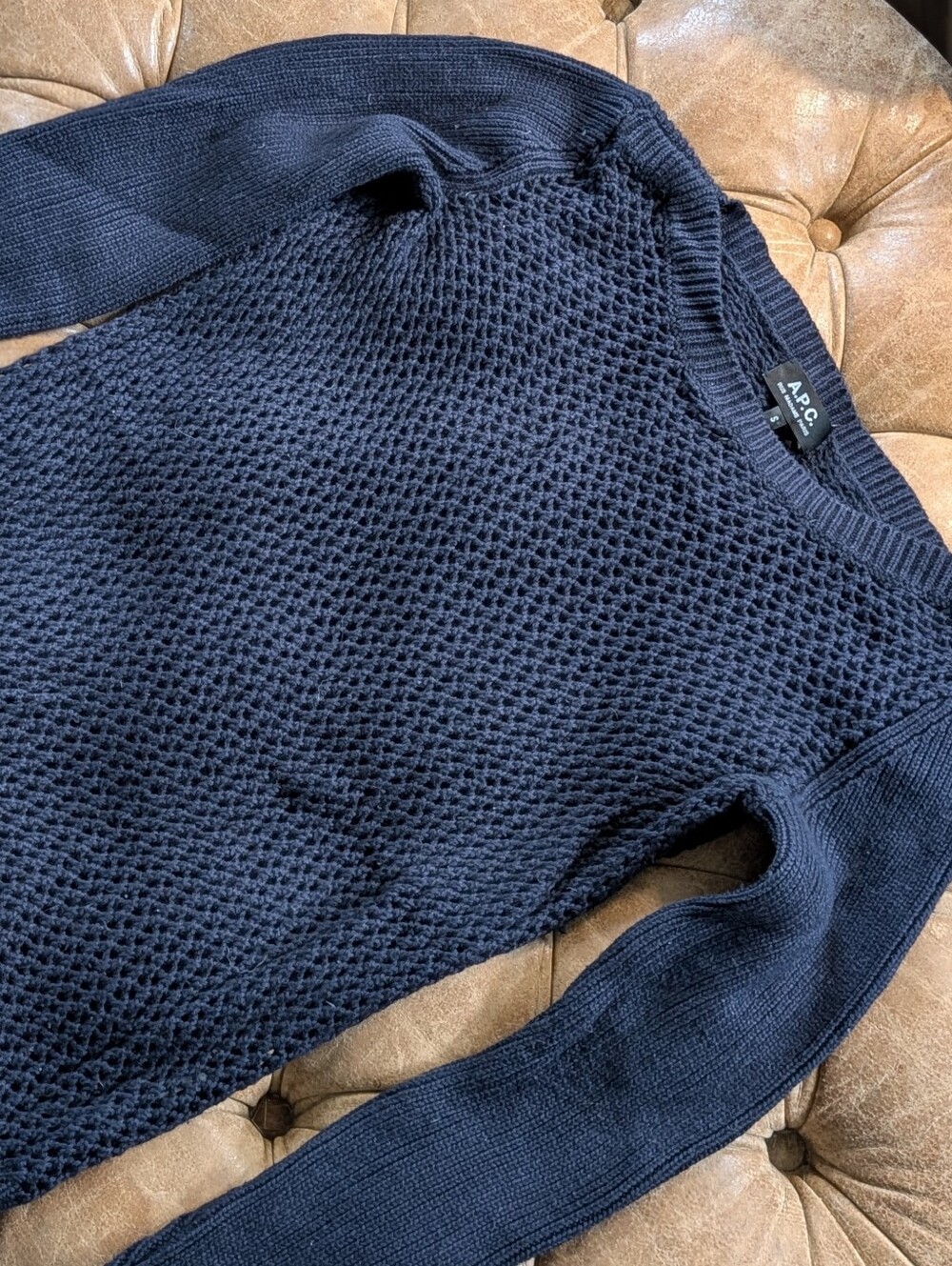 A.P.C. Rue Madame Paris Women's Small Dark Blue Open Knit Boat Neck Sweater